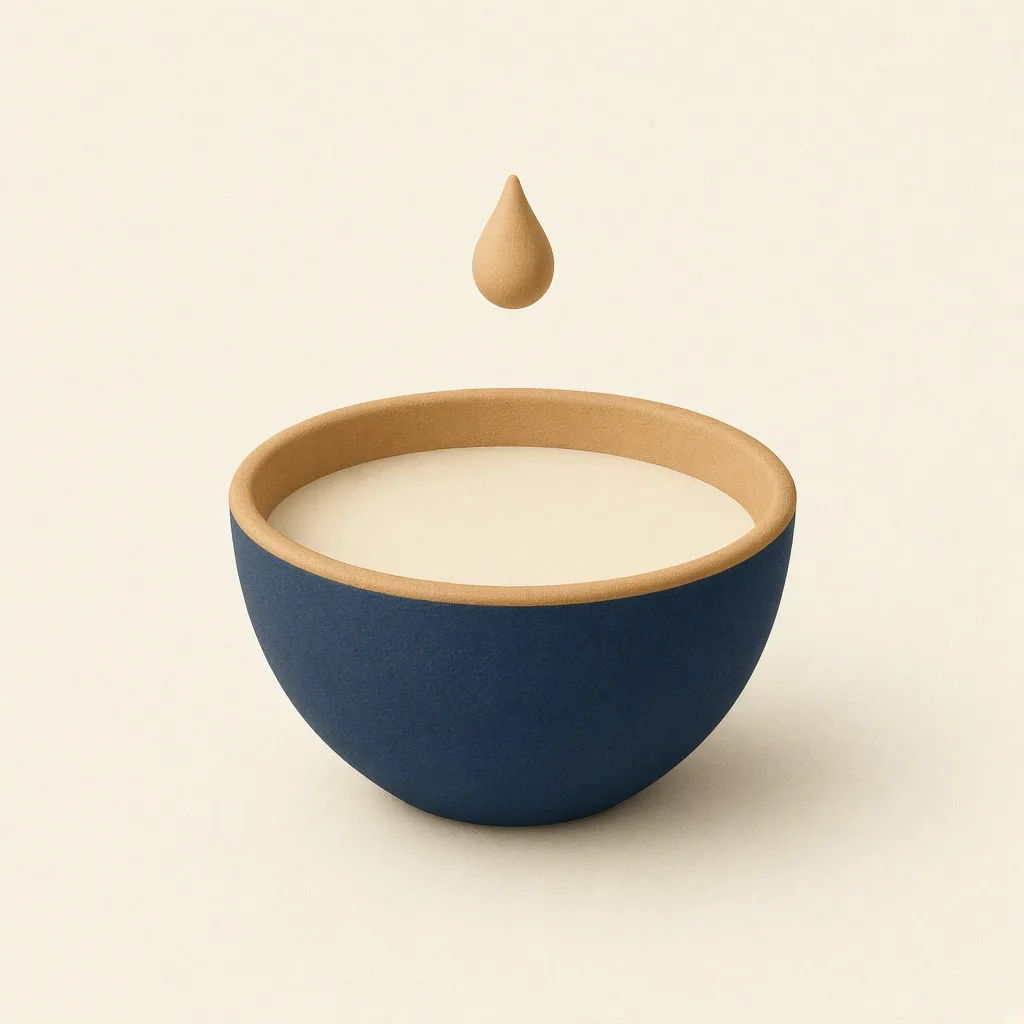 The PlasterMix icon: a navy bowl with an ochre rim, filled with cream plaster, and a single drop falling into it.